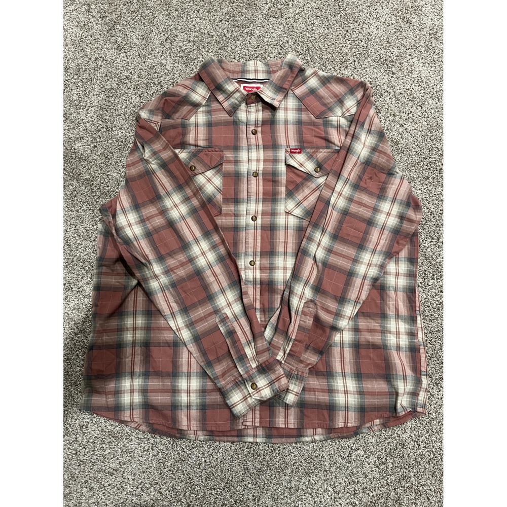 Wrangler Mens 2XL Western Plaid Button Down Shirt Rose Tan Long Sleeve 112360048